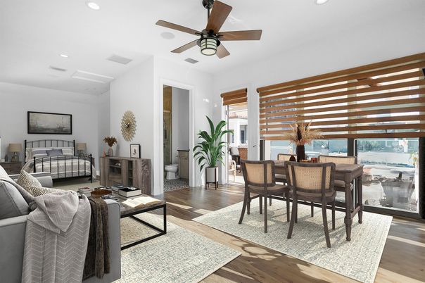 Dining room, Fireplace, Interior, Living room, Recessed Lighting, Wood Texture Flooring