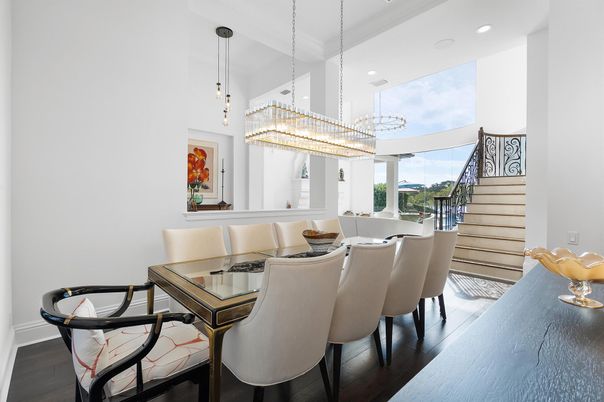 Chandelier, Dining room, Interior, Pendant Lights, Recessed Lighting, Wood Texture Flooring