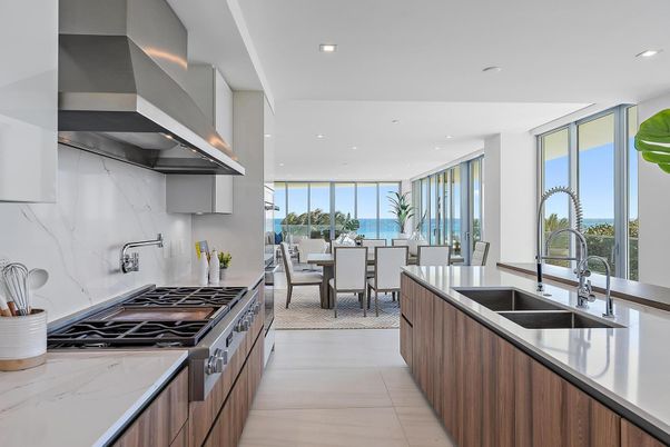 Dining room, Interior, Kitchen, Marble Walls, Recessed Lighting, Stainless Steel Appliances, Water