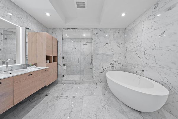 Bathroom, Dual Sink Vanities, Free Standing Baths, Glass Shower, Interior, Marble, Marble Walls, Recessed Lighting