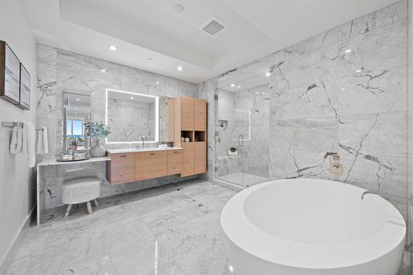 Bathroom, Dual Sink Vanities, Free Standing Baths, Glass Shower, Interior, Marble, Marble Walls, Recessed Lighting