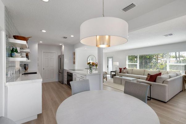 Dining room, Interior, Kitchen, Living room, Pendant Lights, Recessed Lighting, Wood Texture Flooring