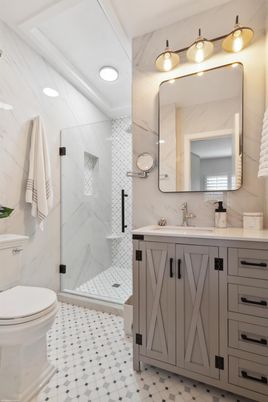 Bathroom, Glass Shower, Interior, Marble Walls, Recessed Lighting