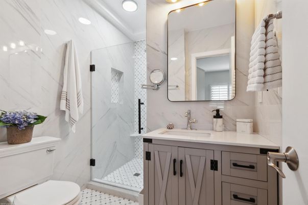 Bathroom, Glass Shower, Interior, Marble Walls, Recessed Lighting