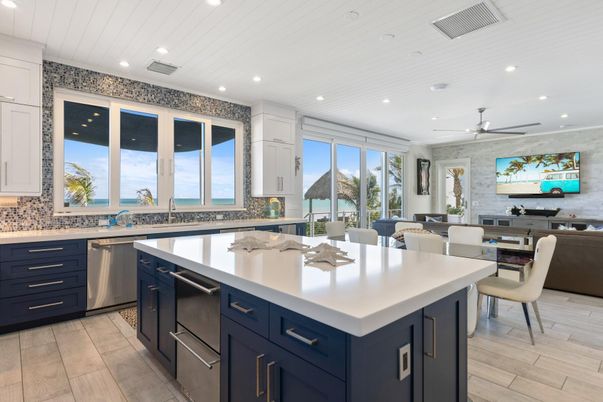 Dining room, Interior, Kitchen, Recessed Lighting, Stainless Steel Appliances, Water, Wood Texture Flooring