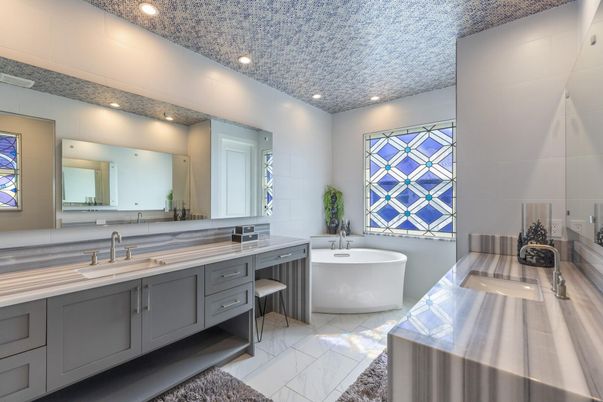 Bathroom, Dual Sink Vanities, Free Standing Baths, Interior, Marble, Recessed Lighting