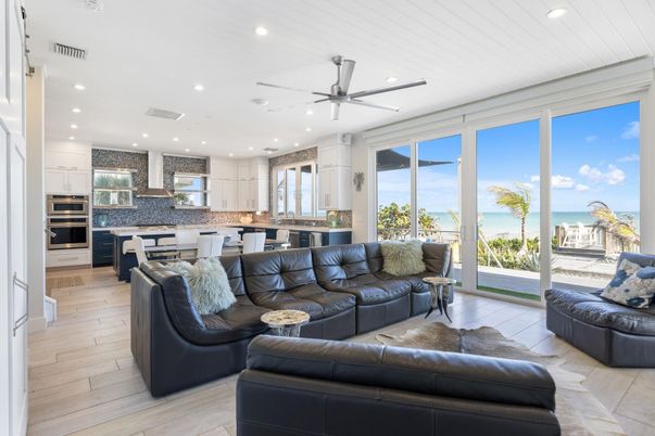 Interior, Kitchen, Living room, Recessed Lighting, Stainless Steel Appliances, Water, Wood Texture Flooring
