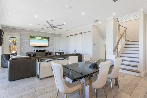 Dining room, Interior, Living room, Recessed Lighting, Stone Walls, Wood Texture Flooring