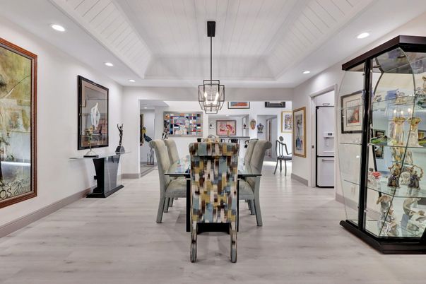 Dining room, Interior, Pendant Lights, Recessed Lighting, Wood Texture Flooring