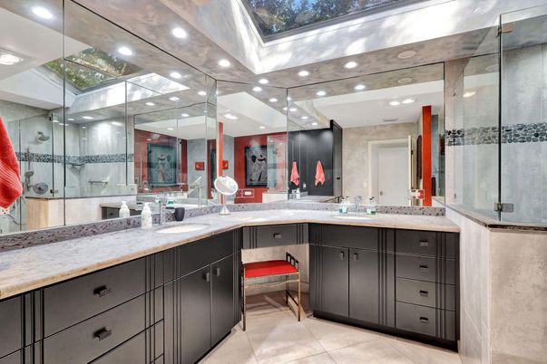 Bathroom, Dual Sink Vanities, Glass Ceilings, Glass Shower, Interior, Recessed Lighting