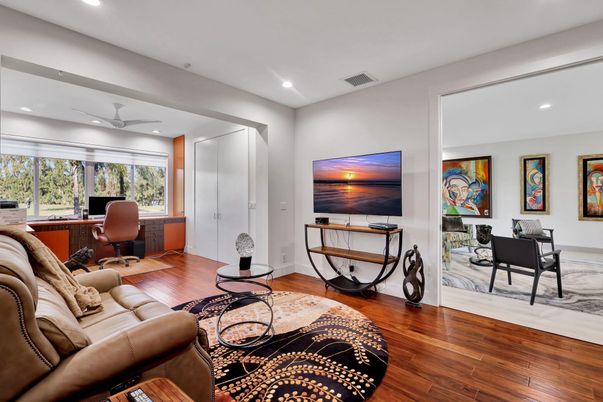 Home Office, Interior, Living room, Recessed Lighting, Wood Texture Flooring
