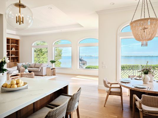 Dining room, Interior, Living room, Pendant Lights, Recessed Lighting, Water, Wood Texture Flooring