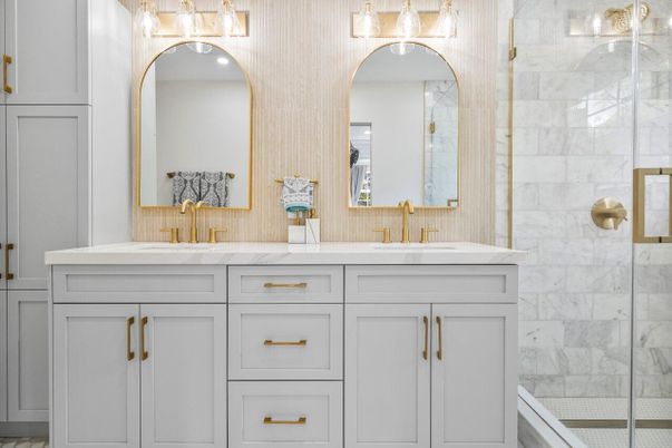 Bathroom, Dual Sink Vanities, Glass Shower, Interior, Marble Walls