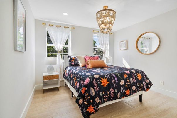 Bedroom, Chandelier, Interior, Recessed Lighting, Wood Texture Flooring