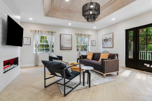 Fireplace, Interior, Living room, Pendant Lights, Recessed Lighting, Wooden Ceilings, Wood Texture Flooring