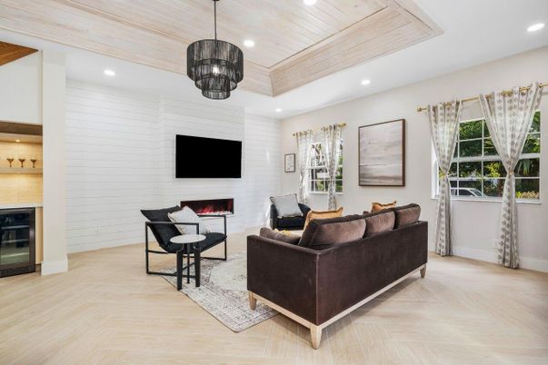 Fireplace, Interior, Living room, Pendant Lights, Recessed Lighting, Wooden Ceilings, Wood Texture Flooring