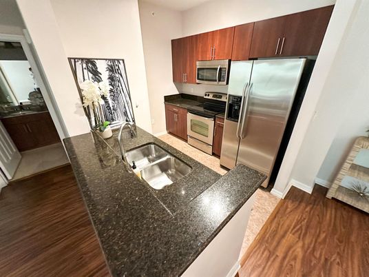 Interior, Kitchen, Stainless Steel Appliances, Wood Texture Flooring