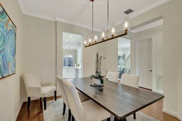 Dining room, Interior, Pendant Lights, Recessed Lighting, Wood Texture Flooring