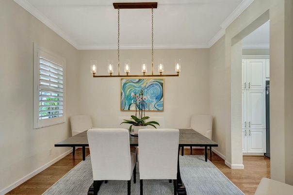 Dining room, Interior, Pendant Lights, Wood Texture Flooring