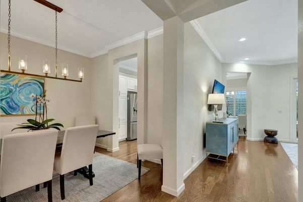 Dining room, Interior, Pendant Lights, Recessed Lighting, Wood Texture Flooring
