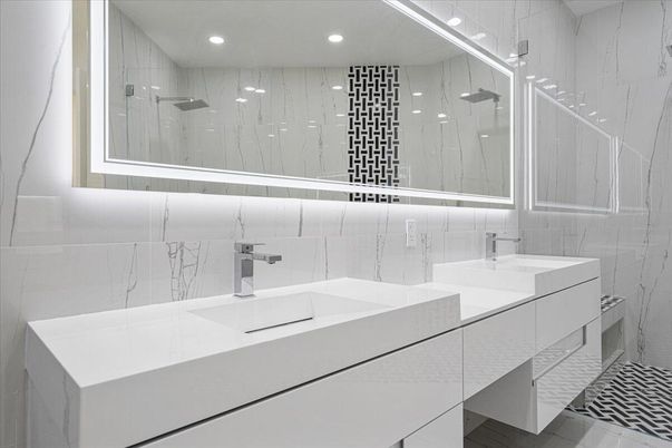 Bathroom, Dual Sink Vanities, Interior, Marble Walls, Recessed Lighting