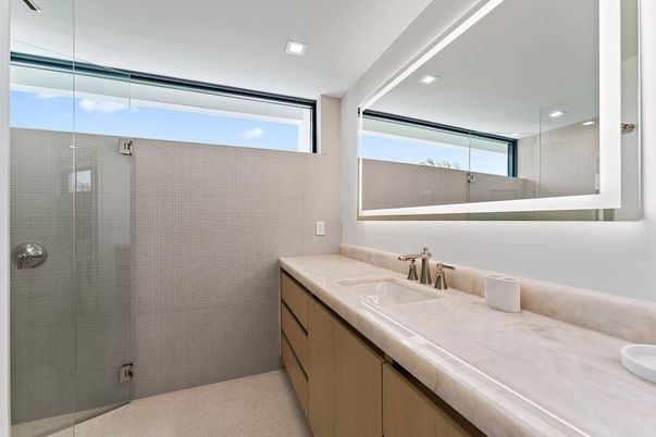 Bathroom, Glass Shower, Interior, Recessed Lighting, Tile Countertops