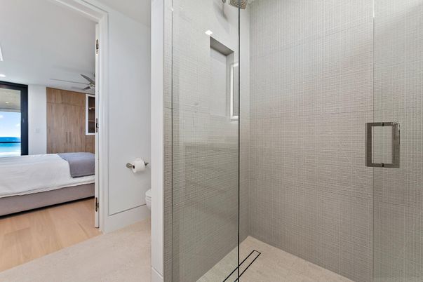 Bathroom, Bedroom, Glass Shower, Interior, Recessed Lighting, Wood Texture Flooring