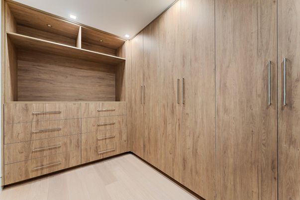 Interior, Recessed Lighting, Walk-in Closets, Wood Texture Flooring, Wooden Walls