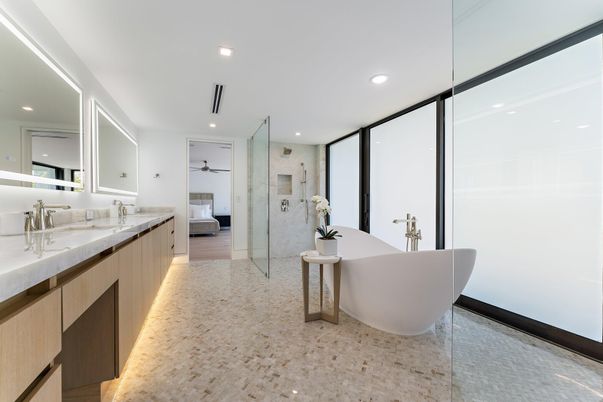 Bathroom, Dual Sink Vanities, Free Standing Baths, Glass Shower, Interior, Recessed Lighting