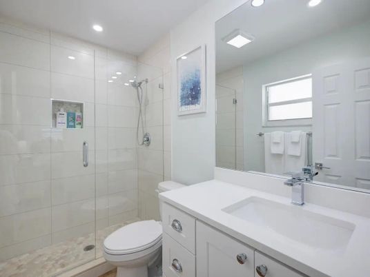 Bathroom, Glass Shower, Interior, Recessed Lighting
