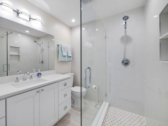 Bathroom, Glass Shower, Interior, Recessed Lighting, Wood Texture Flooring