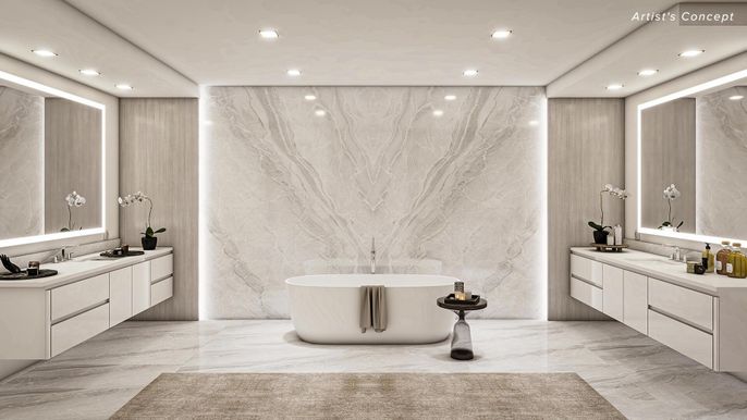 Bathroom, Dual Sink Vanities, Free Standing Baths, Interior, Marble, Marble Walls, Recessed Lighting