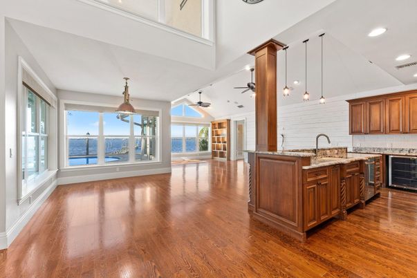 Interior, Kitchen, Pendant Lights, Recessed Lighting, Water, Wood Texture Flooring