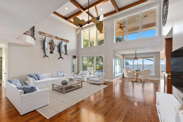 Dining room, Interior, Living room, Recessed Lighting, Water, Wooden Beams, Wood Texture Flooring