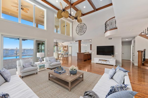 Interior, Living room, Recessed Lighting, Water, Wooden Beams, Wood Texture Flooring