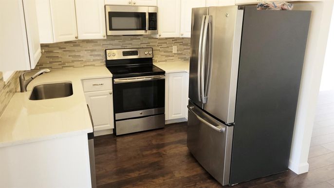 Interior, Kitchen, Stainless Steel Appliances, Wood Texture Flooring