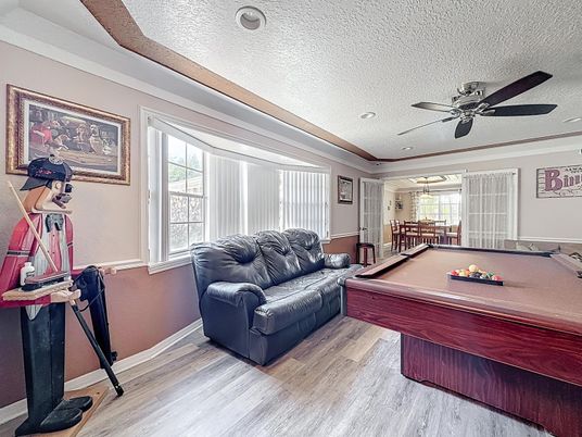 Billiard Table, Game Room, Interior, Recessed Lighting, Wood Texture Flooring