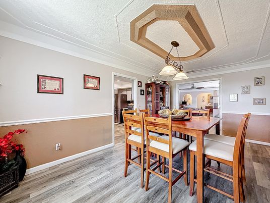Dining room, Interior, Pendant Lights, Wood Texture Flooring