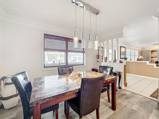 Dining room, Interior, Pendant Lights, Wood Texture Flooring