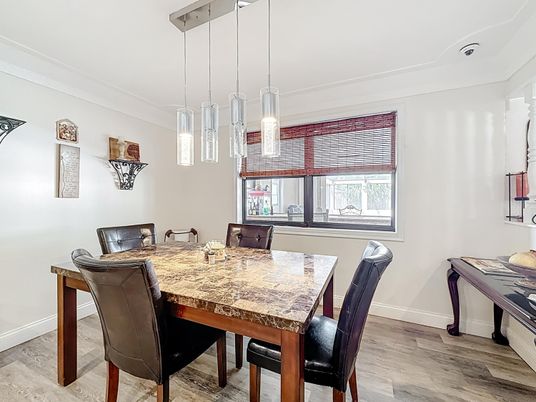 Dining room, Interior, Pendant Lights, Wood Texture Flooring