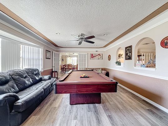 Billiard Table, Game Room, Interior, Recessed Lighting, Wood Texture Flooring