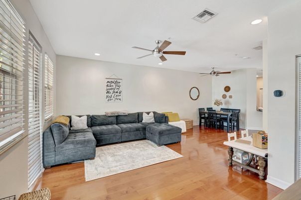 Dining room, Interior, Living room, Recessed Lighting, Wood Texture Flooring