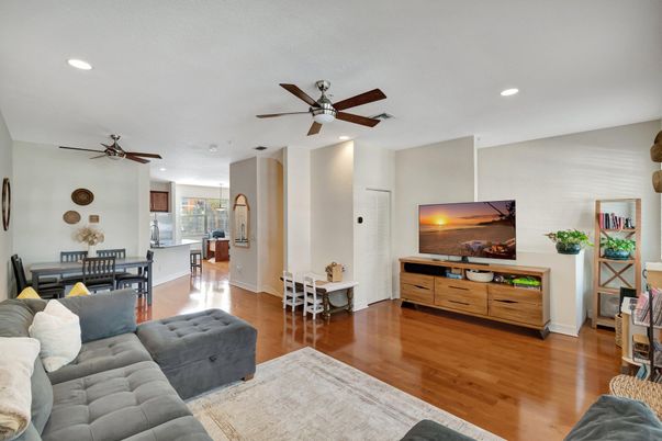 Dining room, Interior, Living room, Recessed Lighting, Wood Texture Flooring