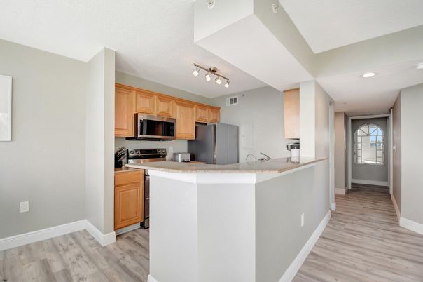 Interior, Kitchen, Recessed Lighting, Stainless Steel Appliances, Wood Texture Flooring