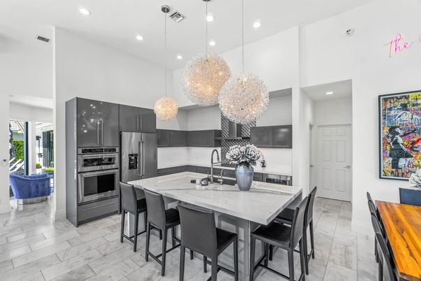 Interior, Kitchen, Marble, Pendant Lights, Recessed Lighting, Stainless Steel Appliances