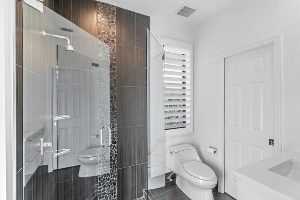 Bathroom, Glass Shower, Interior, Wood Texture Flooring