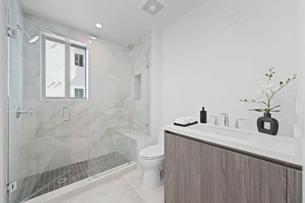 Bathroom, Glass Shower, Interior, Marble Walls, Recessed Lighting