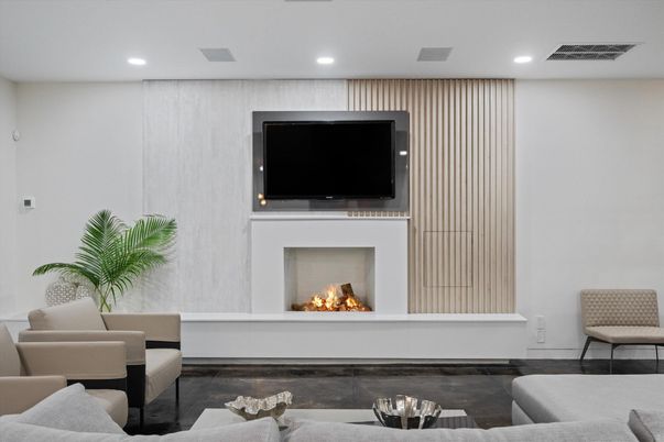 Fireplace, Interior, Living room, Recessed Lighting, Wood Texture Flooring