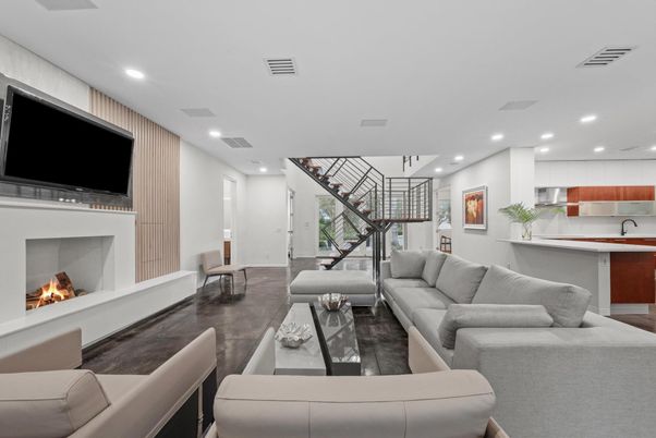 Fireplace, Interior, Kitchen, Living room, Recessed Lighting, Wood Texture Flooring