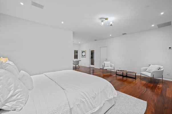 Bedroom, Interior, Recessed Lighting, Wood Texture Flooring
